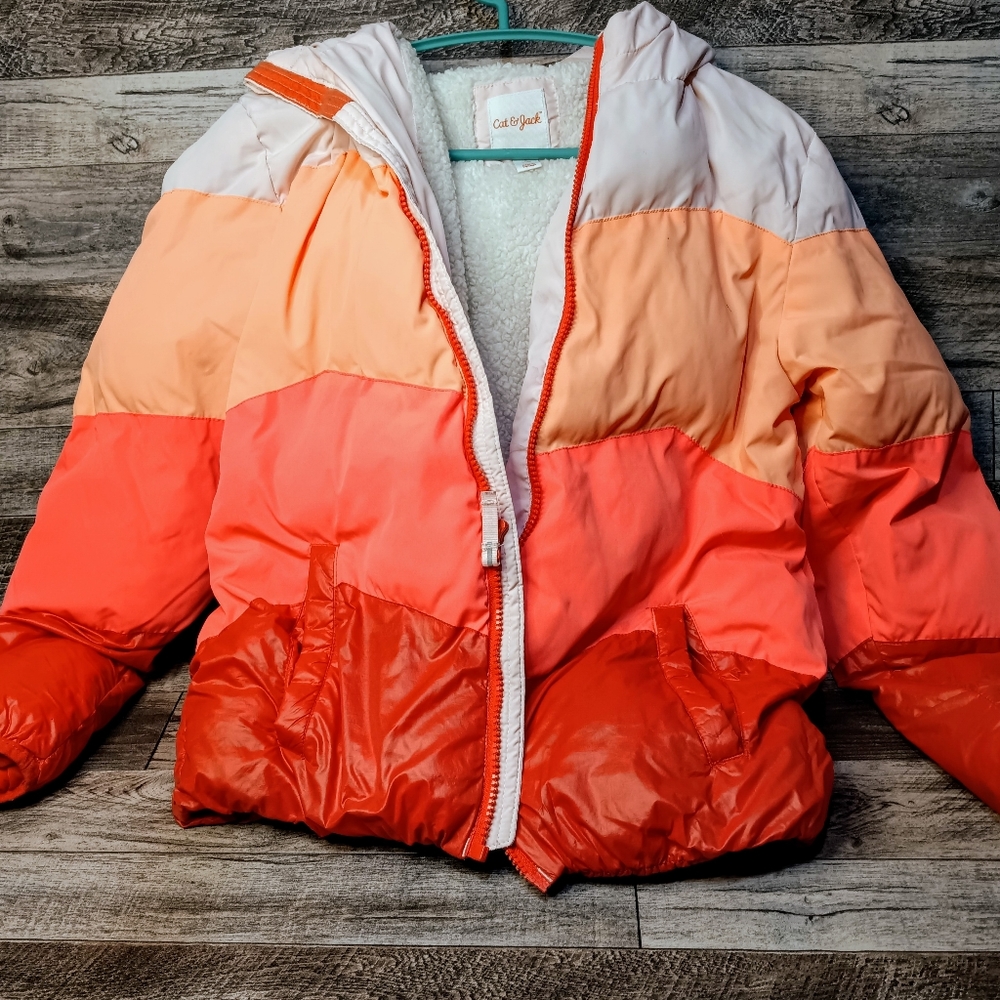 Cat & Jack Girls Orange and White Puffer Coat - Size Large